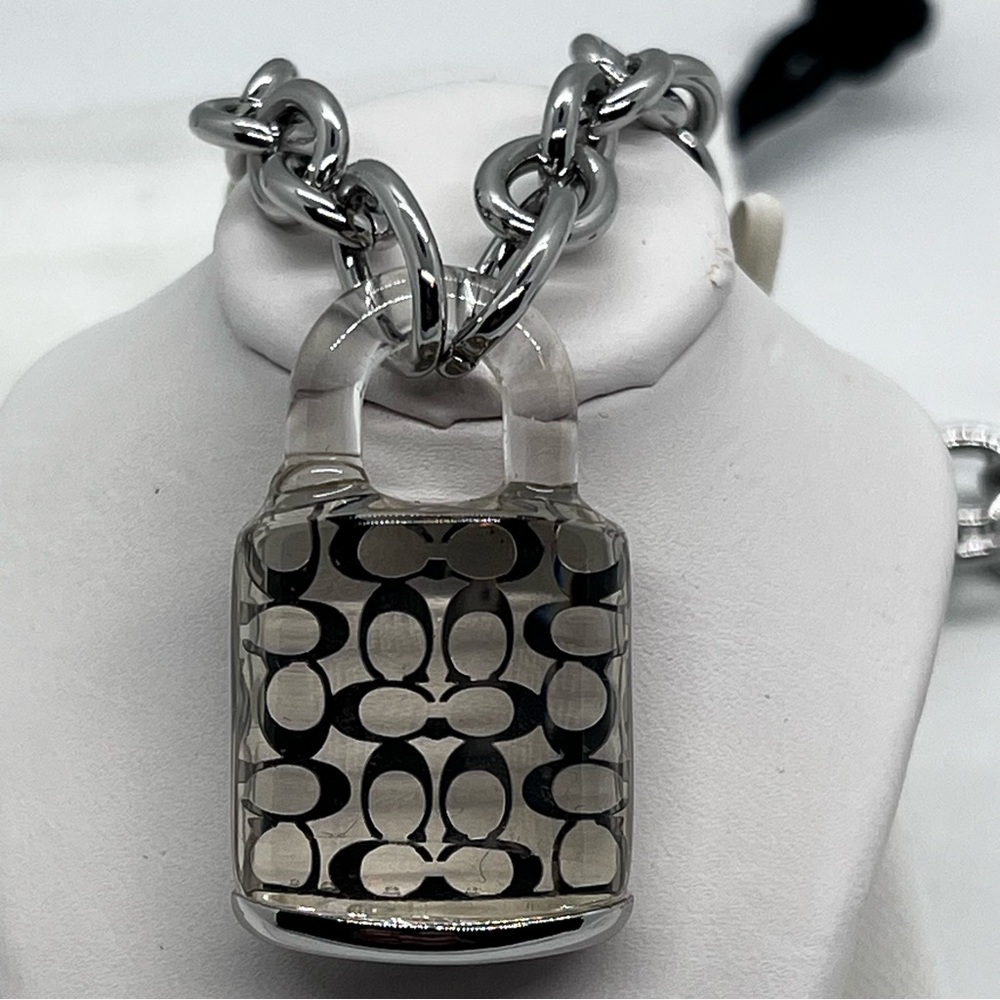 COACH Signature Lucite Padlock Pendant Necklace Silver Tone Clear C NWT - Picture 6 of 12